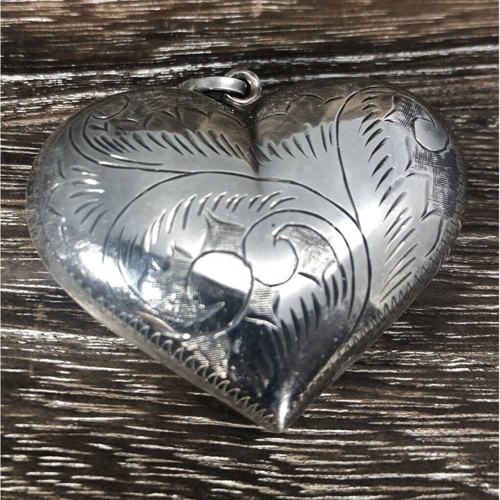 Vintage 925 Sterling Silver Large Oversized Etched Puffy Heart Pendant
